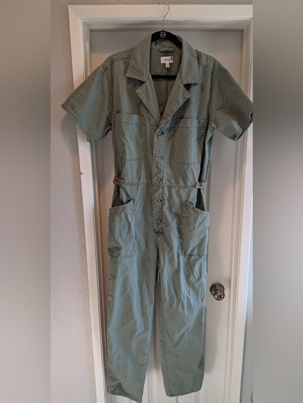 Pistola Sage Green Grover Cotton Short Sleeve Field Utility Romper Jumpsuit L